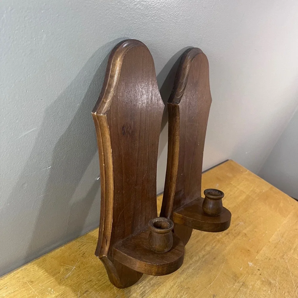 Vtg Pair Wood Wall Sconces Taper Candle Holders Dark Brown Colonial Rustic 15